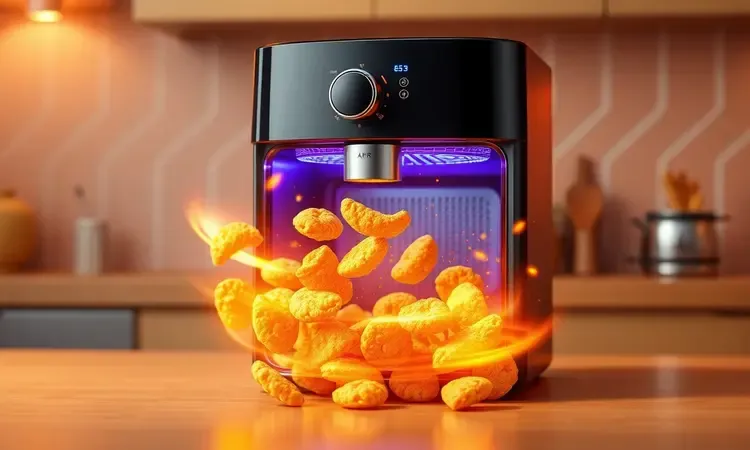 Representação conceitual 3D de calor circulando em volta de palitos de polenta simulando o processo da airfryer.