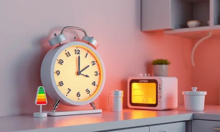 Representação conceitual 3D das vantagens de praticidade e rapidez ao usar a fritadeira elétrica.