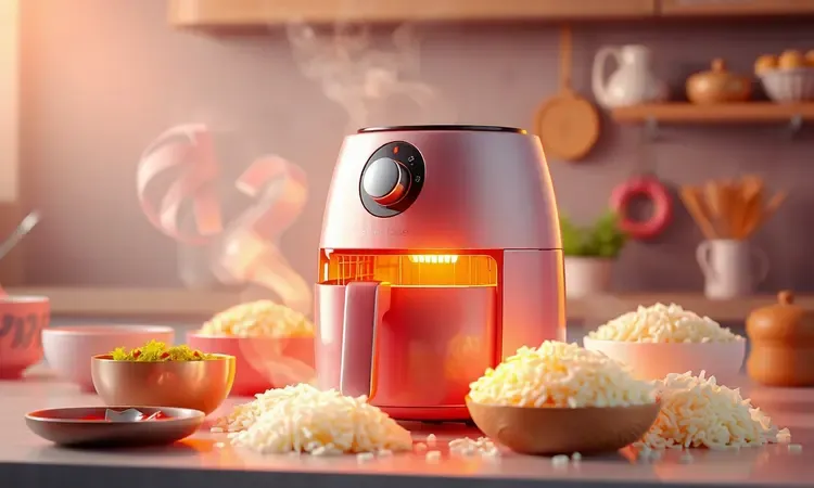 Representação 3D conceitual de uma air fryer moderna com luzes quentes e elementos de cozinha.