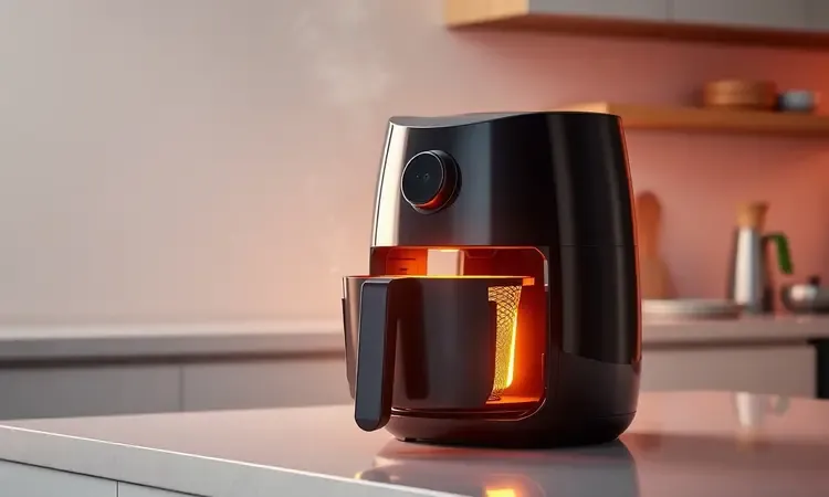 Uma airfryer moderna em uma bancada de cozinha com iluminação quente e vapores suaves saindo do cesto.