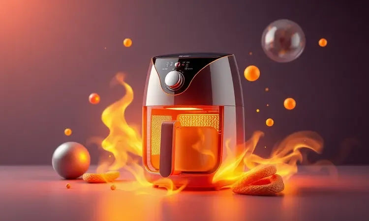 Ilustração 3D conceitual de uma air fryer moderna emitindo luz quente dourada, simbolizando a eficiência e o calor do cozimento.
