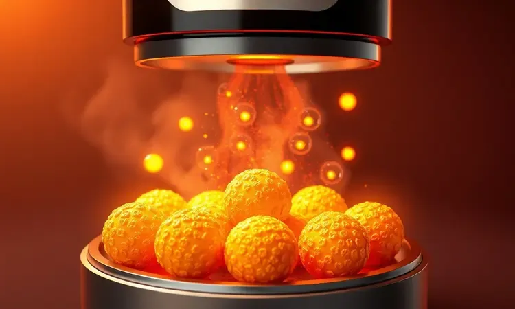 Representação conceitual 3D de uma air fryer estilizada com ar quente circulando ao redor de petiscos dourados.