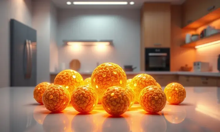 Representação conceitual 3D de bolinhos de arroz dourados e apetitosos em uma cozinha moderna.