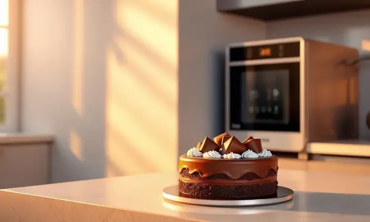 Ilustração 3D conceitual de um bolo de chocolate fofinho ao lado de um eletrodoméstico moderno em uma cozinha vibrante.