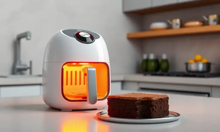 Representação conceitual 3D da rapidez e praticidade de assar um brownie em uma air fryer moderna com iluminação quente.