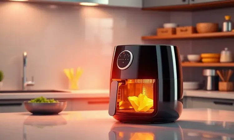 Renderização 3D de uma airfryer moderna em uma cozinha contemporânea com iluminação quente e acolhedora.