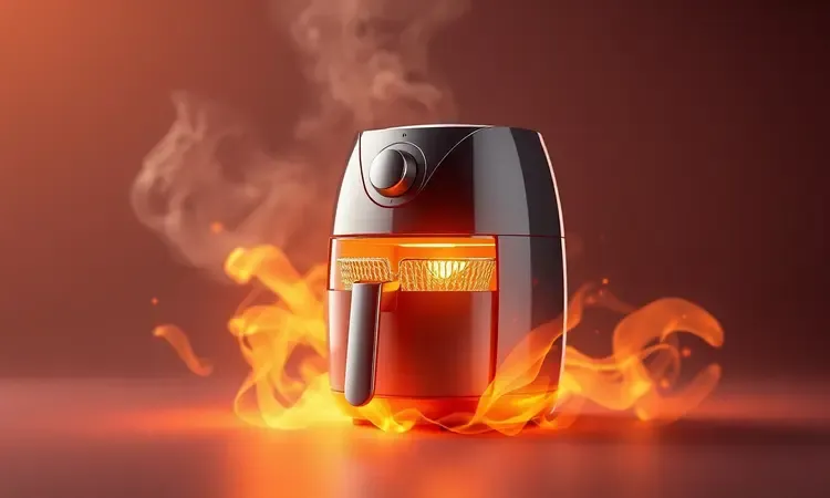 Representação conceitual em 3D de uma air fryer moderna emitindo um brilho dourado quente e vapor suave.