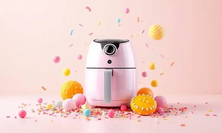 Ilustração 3D conceitual de uma airfryer moderna cercada por elementos doces e cores vibrantes.