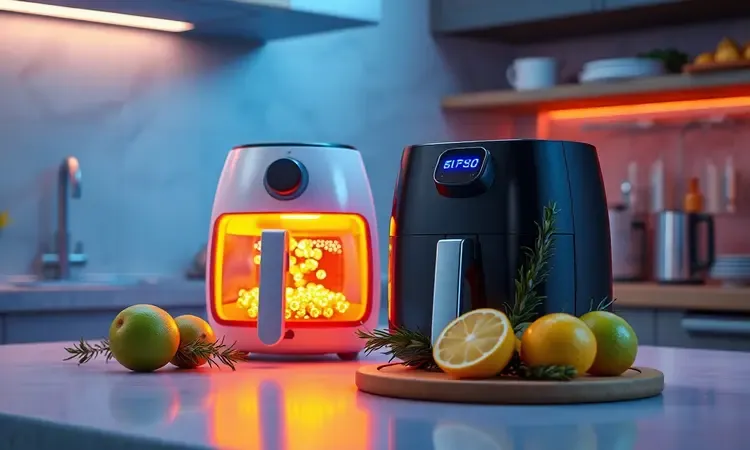 Cozinha moderna com airfryer e ingredientes frescos para preparar peixe de forma saudável em estilo 3D conceitual.