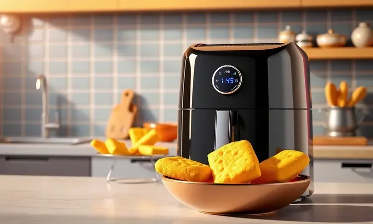 Uma airfryer moderna e uma tigela de pão de queijo dourado em uma cozinha estilizada e vibrante.