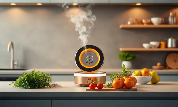 Cozinha moderna com fritadeira elétrica estilizada e ervas frescas em renderização 3D vibrante.