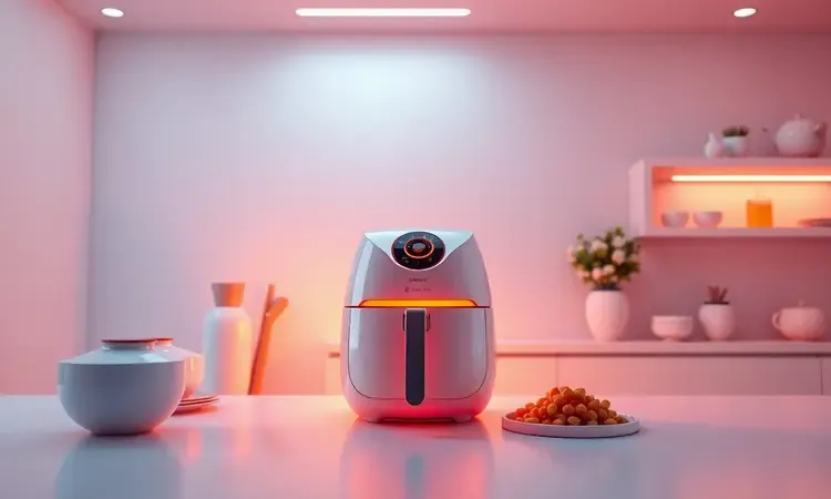 Representação conceitual 3D de uma cozinha moderna com iluminação quente, simbolizando praticidade.