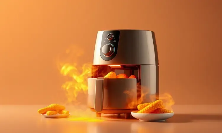 Representação conceitual de uma air fryer moderna com cores vibrantes e iluminação quente para preparo de tortas.