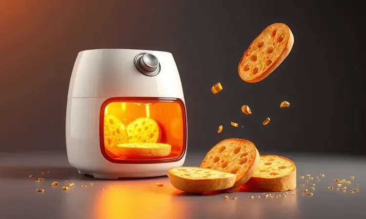 Representação conceitual em 3D de fatias de pão de alho crocante flutuando próximo a uma air fryer moderna com luzes quentes.