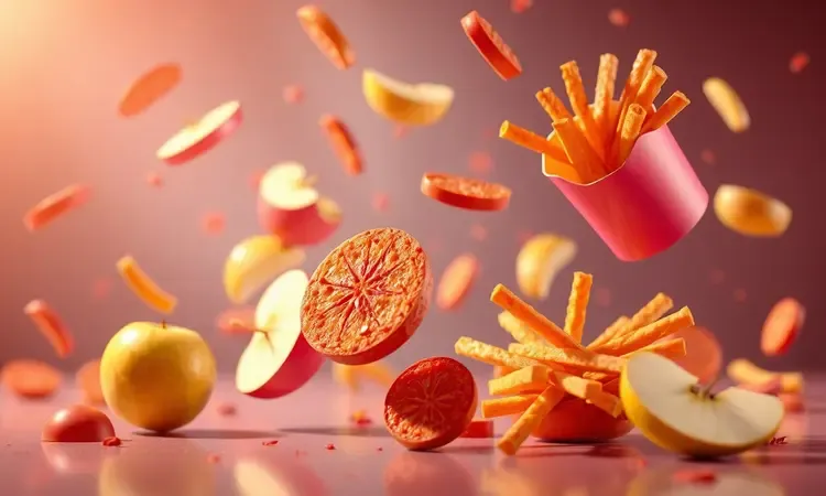 Snacks saudáveis e coloridos flutuando em um ambiente conceitual 3D com iluminação quente.
