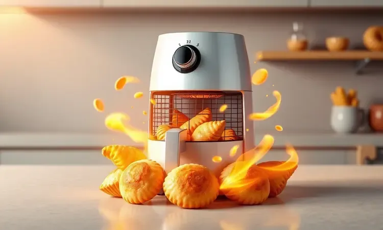 Representação conceitual em 3D de uma airfryer moderna circulando calor em volta de enroladinhos de pastel crocantes.