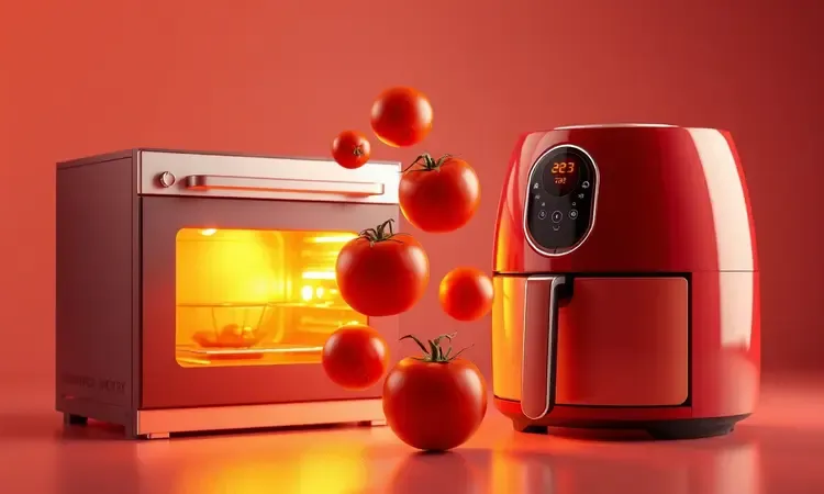Ilustração 3D comparando as vantagens de rapidez e eficiência entre uma air fryer e um forno convencional.