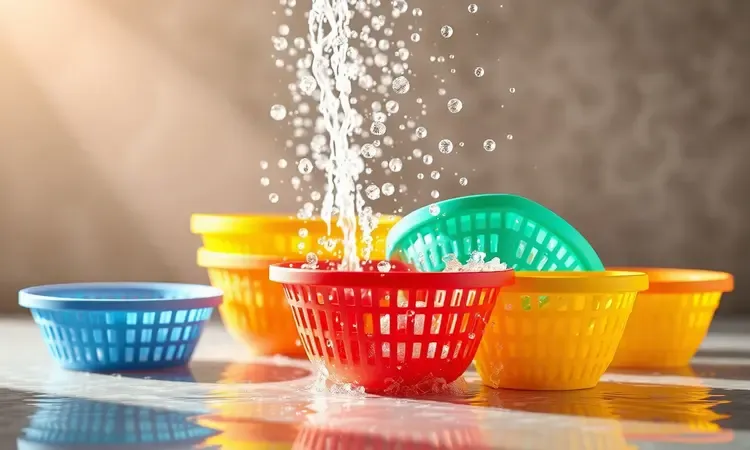 Ilustração 3D de formas de silicone vibrantes e flexíveis destacando a praticidade para fritadeiras elétricas.