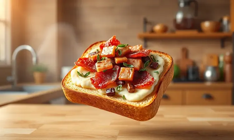 Torrada gourmet com bacon crocante e ervas frescas em estilo render 3D vibrante e moderno.