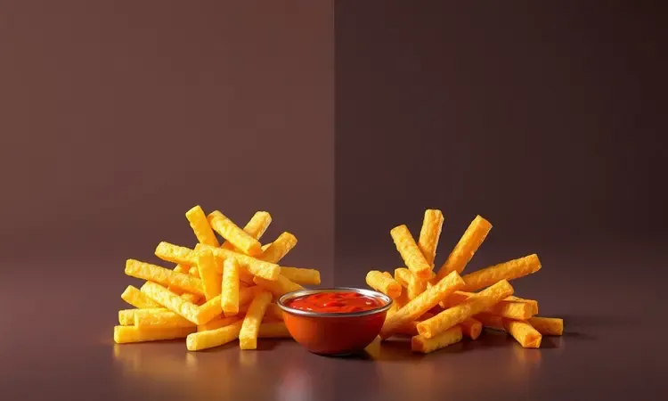 Composição 3D vibrante de batatas chips e batatas palito douradas com um pequeno pote de molho.