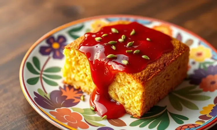 Fatias de bolo de fubá com pedaços de goiabada derretida e sementes de erva-doce em um prato colorido.