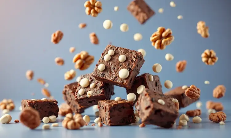 Cena vibrante em 3D com diferentes tipos de brownie, nozes e gotas de chocolate branco em um ambiente estilizado.