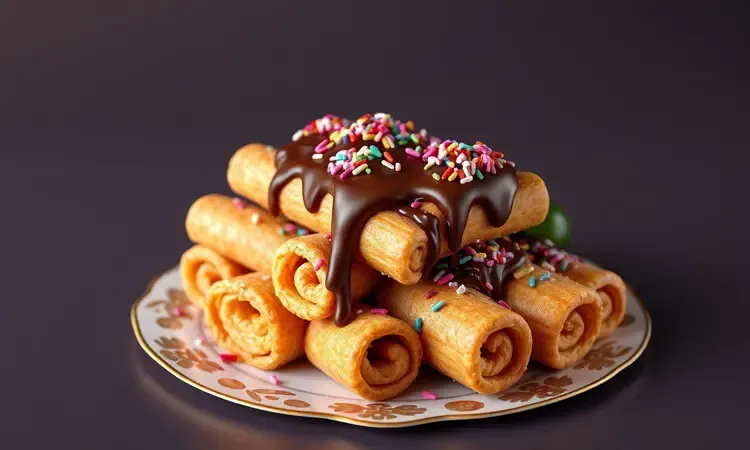 Vários churros de pão de forma com diferentes coberturas coloridas como chocolate e granulados em um prato decorativo.