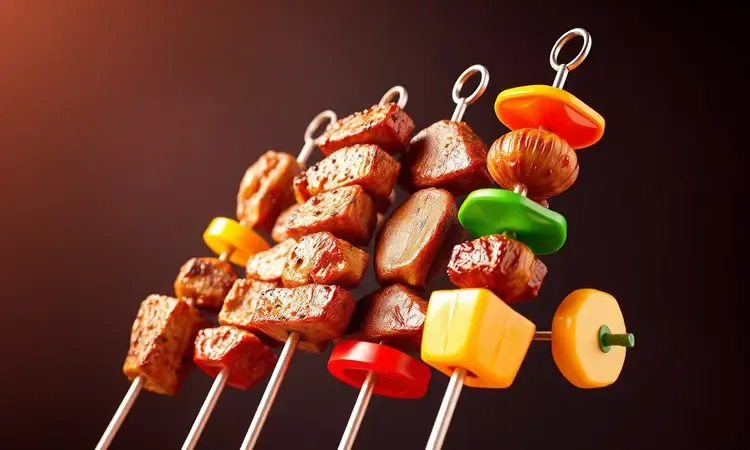 Diferentes tipos de espetinhos coloridos com carnes e vegetais em uma composição vibrante.