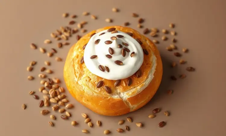 Arranjo 3D criativo de sementes e coberturas saudáveis para personalizar o pão de aveia caseiro.