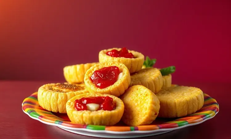 Variações de broa de fubá com pedaços de goiabada e queijo dispostas em uma bandeja colorida, renderização conceitual 3D.