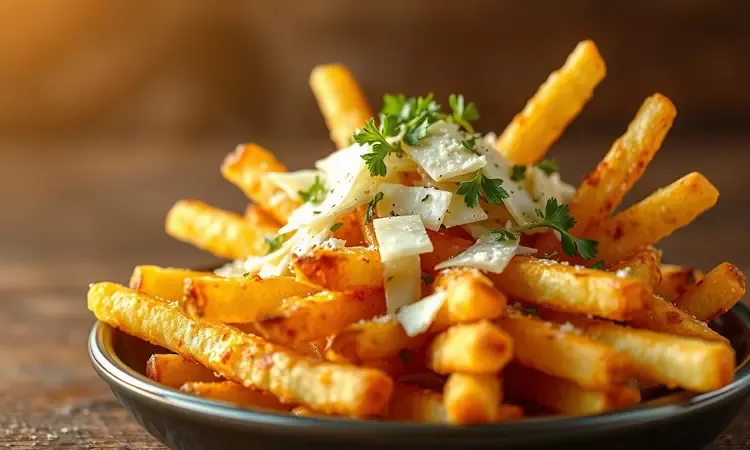 Mandioca frita crocante coberta com queijo parmesão e ervas finas em uma apresentação conceitual 3D.