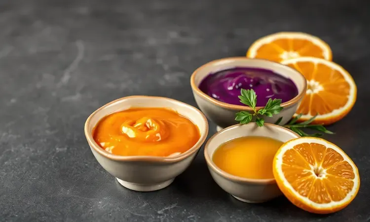 Tigelas de cerâmica com diferentes molhos coloridos e fatias de laranja em um cenário gastronômico.