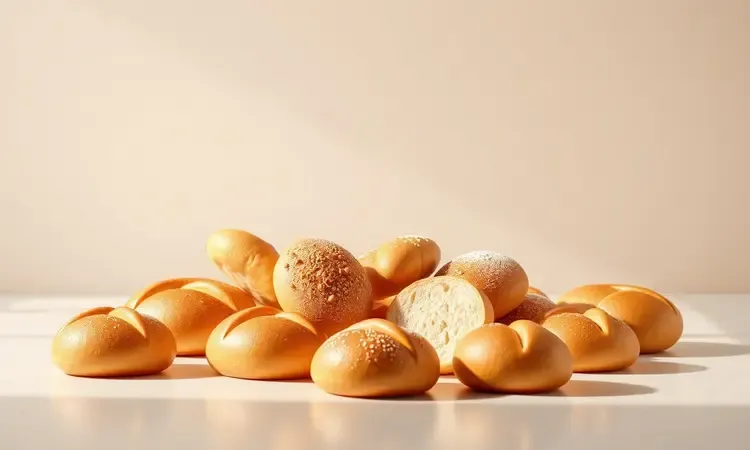Variedade de pães artesanais de diferentes cores e formatos organizados em superfície minimalista render 3D.