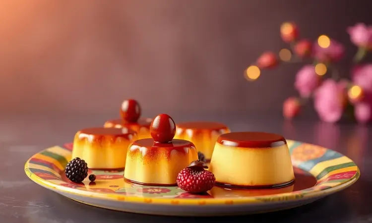 Diferentes tipos de pudim incluindo mini pudins individuais e versão de chocolate em uma bandeja decorativa.