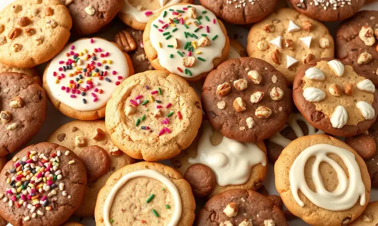 Variedade de cookies com diferentes coberturas coloridas dispostos de forma artística.