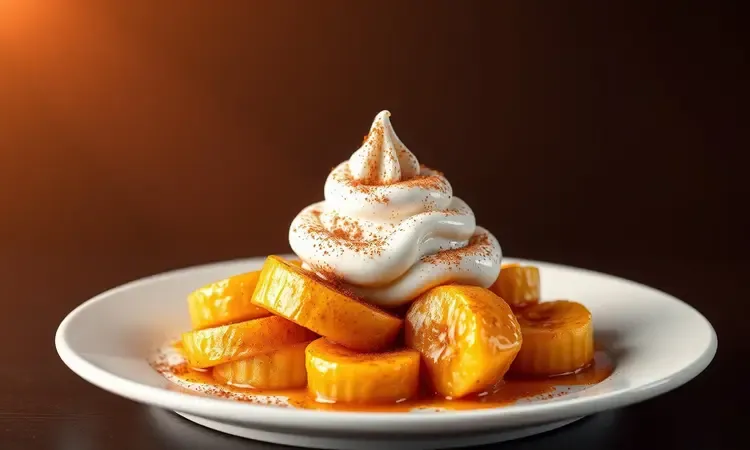 Sobremesa gourmet de banana caramelizada com canela apresentada em um prato elegante em estilo 3D.