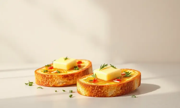 Torradas gourmet com coberturas coloridas de ervas e manteiga derretida em um cenário conceitual vibrante.