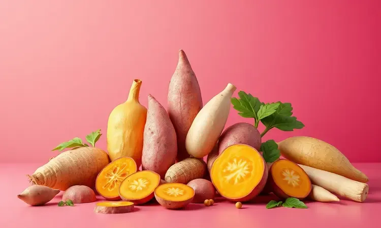 Diferentes tipos de tubérculos como batata-doce e mandioca para variações saudáveis de coxinha.