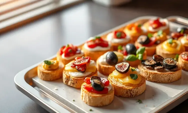 Seleção de bruschettas gourmet com diferentes coberturas coloridas servidas em uma bandeja moderna.