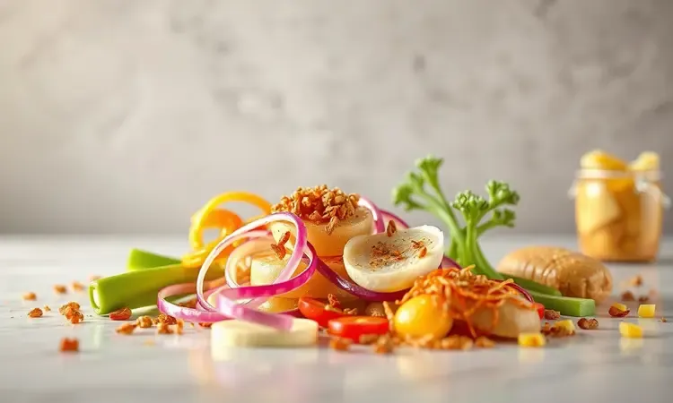 Elementos gourmet como alho-poró fatiado e queijos variados em uma renderização 3D colorida e conceitual.