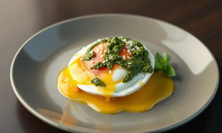 Prato gourmet de ovo frito decorado com pesto e queijo derretido em renderização 3D.