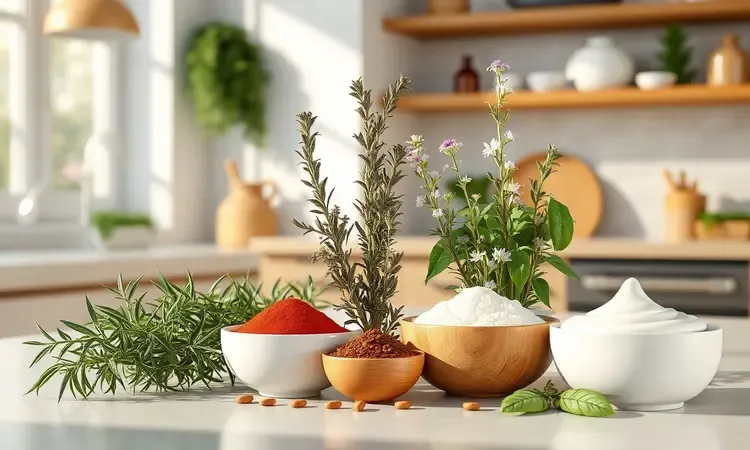 Composição moderna com ervas frescas e temperos coloridos em um ambiente de cozinha estilizado em 3D.