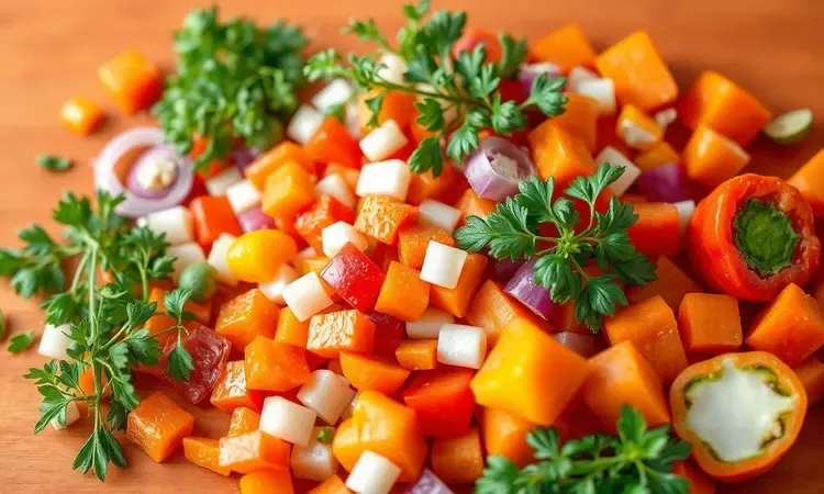 Legumes coloridos e ervas frescas picadas para variar a receita de frango.