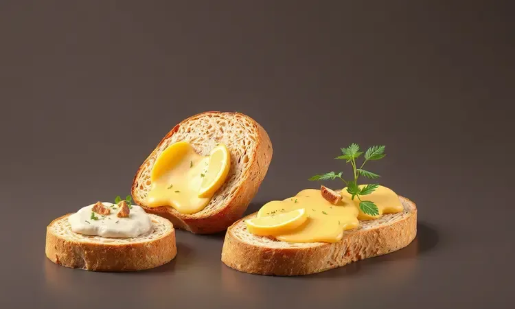 Fatias estilizadas de pão de alho com queijo derretido e ervas finas em uma renderização 3D vibrante.