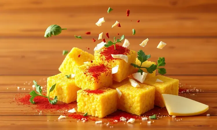 Polenta temperada com ervas, queijo e páprica em uma composição artística e colorida em 3D.