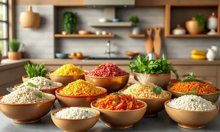 Diferentes variações de arroz colorido com legumes e ervas em bowls modernos.