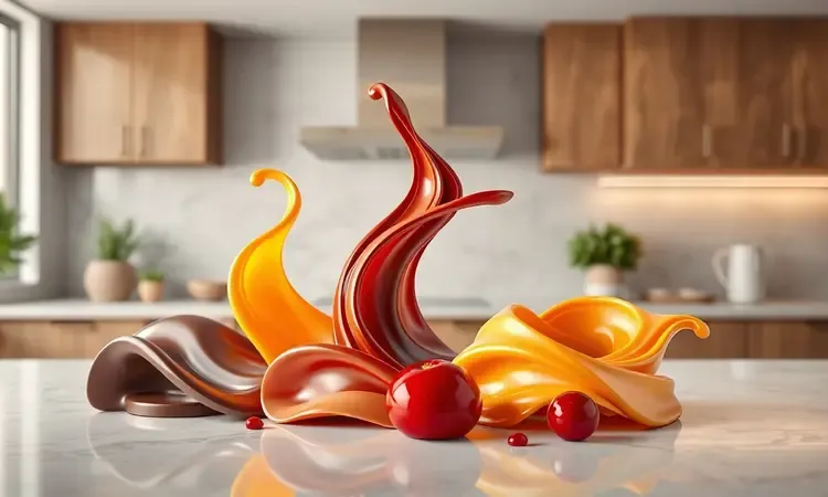 Ilustração conceitual 3D de diferentes recheios coloridos para empadinhas doces como chocolate e doce de leite.