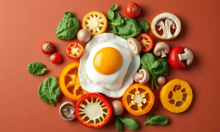 Composição colorida em 3D de vegetais frescos e variados picados para recheio de omelete.