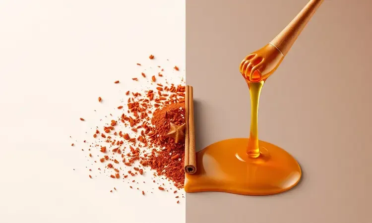 Composição artística dividida entre temperos salgados como páprica e sal, e ingredientes doces como canela e mel.