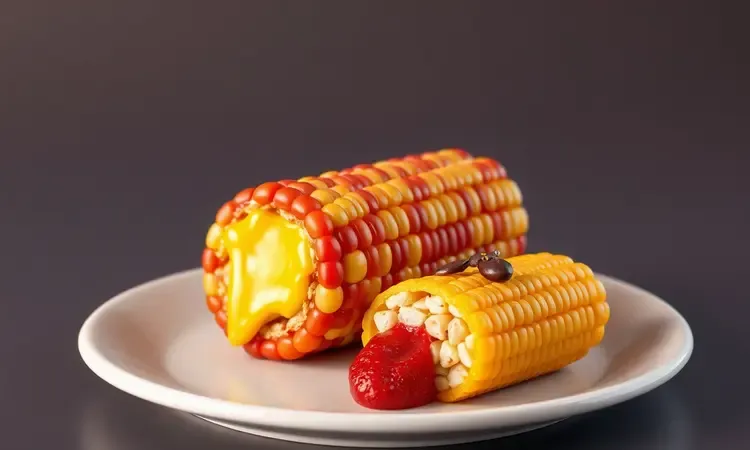 Diferentes variações de broa de milho com recheios de queijo e goiabada em estilo 3D conceitual.